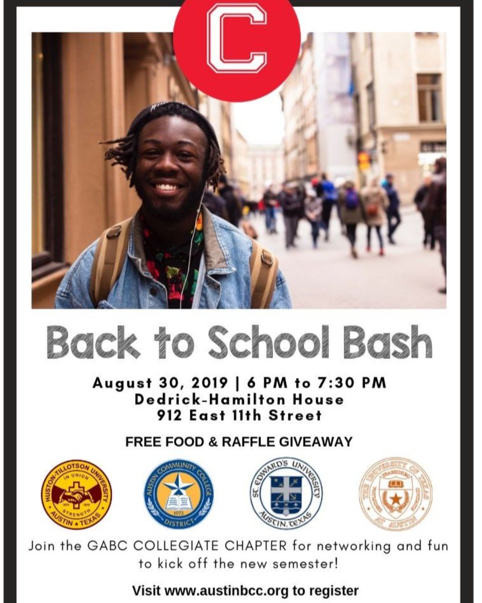 The Collegiate Chapter will host its FREE inaugural Back-to-School Bash, catered to students at higher education institutions throughout Austin, on Fri, Aug 30, 6-7:30pm at the Dedrick-Hamilton House.

RSVP: ow.ly/1uGn50v81Zd

#ATXInColor #BackToSchool