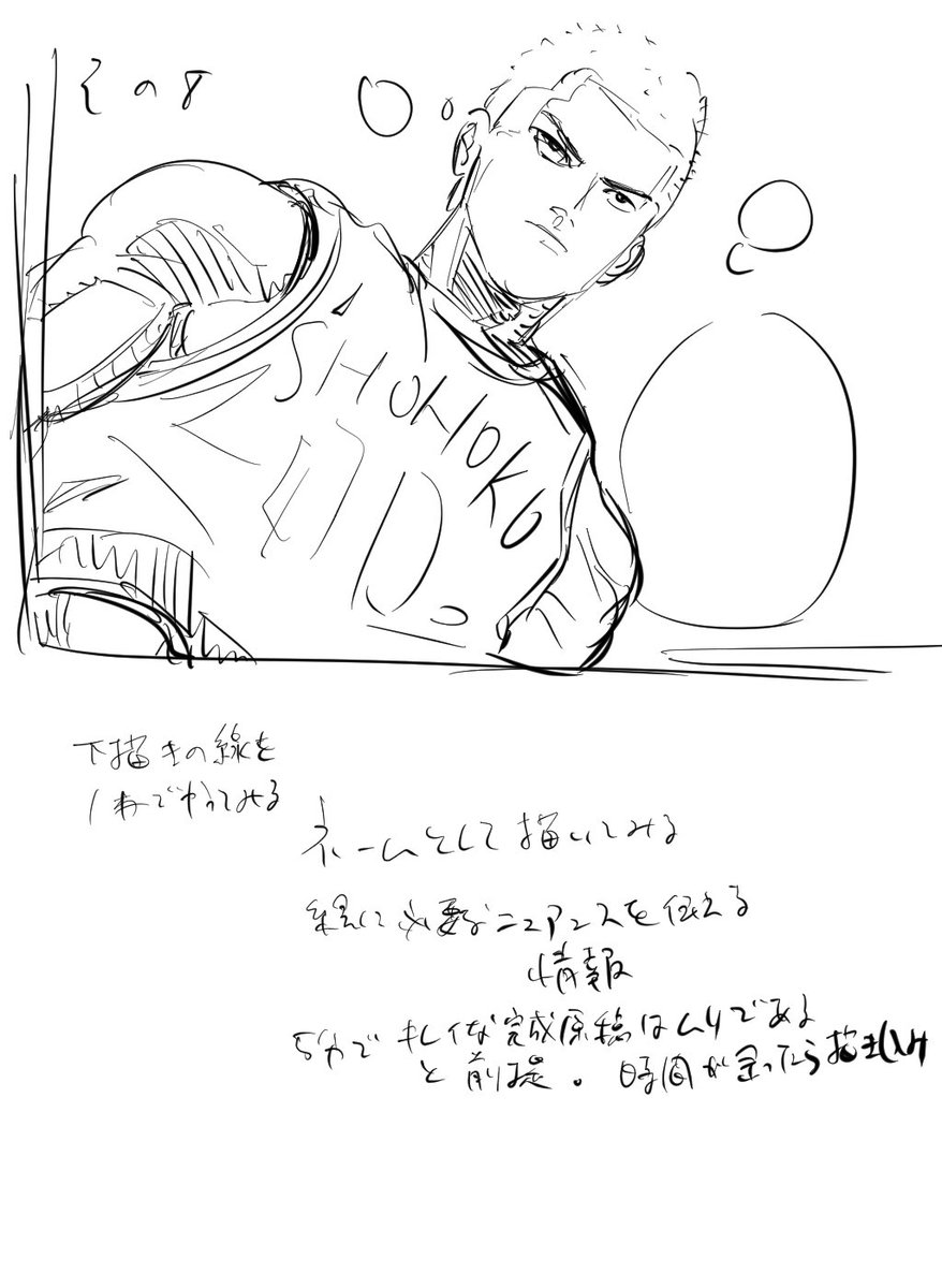 5分模写 桜木 7〜10回目
まず原画の意識を捨てた。
井上先生がネームを描くと妄想し、完成に必要な情報だけは入れたい作戦。
さらに時短のため超雑ラフは暗記でやってみた。
体は良いが、顔は直しに余計かかるから🙅♂️
マンガ課題は土日中には出したい😰
#コルクラボマンガ専科