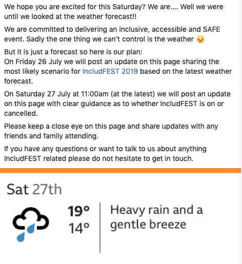 IncludFest's tweet photo. #Weatherupdate for #IncludFEST this Saturday! Look out for updates from us on Friday and Saturday - keep an eye on our social media pages. https://t.co/deUd43xZ0q