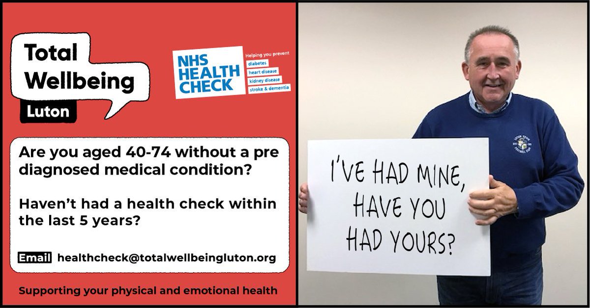 LutonTotal's tweet photo. I’ve had mine, have you had yours? @LTFC_Community Kevin Thoburn has!
Email to check your eligibility &amp; to book your appointment. It only takes 30mins &amp; could save your life! #nhshealthcheck #luton https://t.co/mQBXTUSNXU
