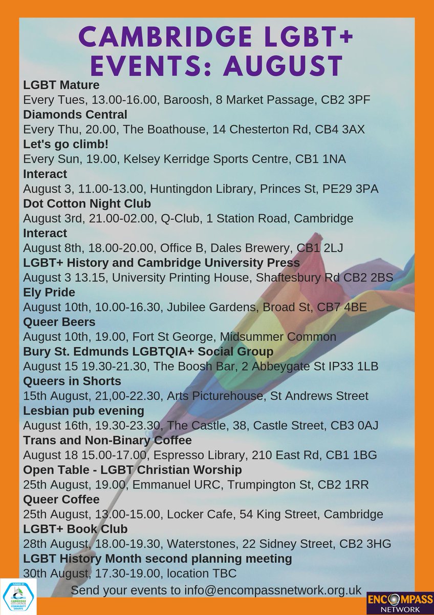 CambsLGBT's tweet photo. There are so many events on in August! #queersummer #cambridge #lgbtq🌈 All the information can be found here: https://t.co/evWGWB9ITK If you’re running an event, let us know by messaging the page or emailing info@encompassnetwork.org.uk https://t.co/C0mgC8RPRB