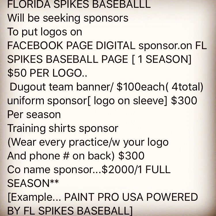 FLSpikes's tweet photo. DM for #sponsorshipopportunities. All proceeds will go towards team expenses, uniforms, training aids, field permits etc #buildabrand #advertising #marketing #southflorida #travelbaseball https://t.co/aGjCxAetBg