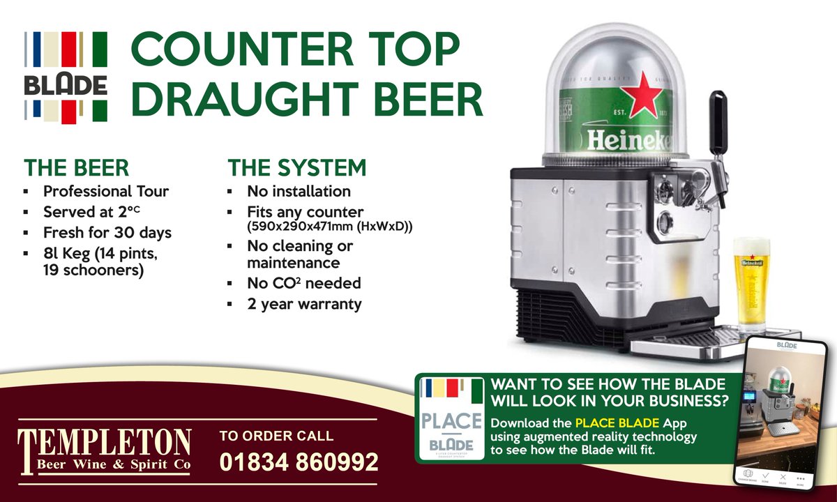 Fancy fresh draught beer but short on space?

No problem with the tabletop Blade system from Heineken.

We have an amazing introductory offer, to order, call Templeton Beer Wine &amp; Spirit Co Ltd on 01834 860992