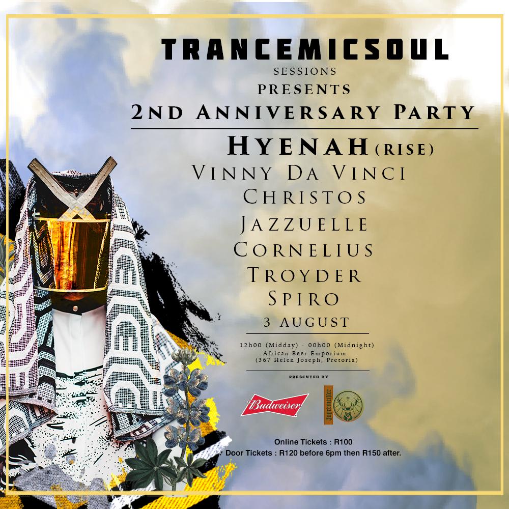Trancemicsoul's tweet photo. Ladies &amp; gentlemen! We present to you the full line up for #TrancemicsoulSessions 2nd Anniversary feat. Hyenah (GER) at African Beer Emporium (PTA) on the 3rd of August.

Buy tickets here https://t.co/mFwklv4hRU)

Please note, door tickets will be R120 before 6pm then R150 after. https://t.co/mX9DgL2l1l