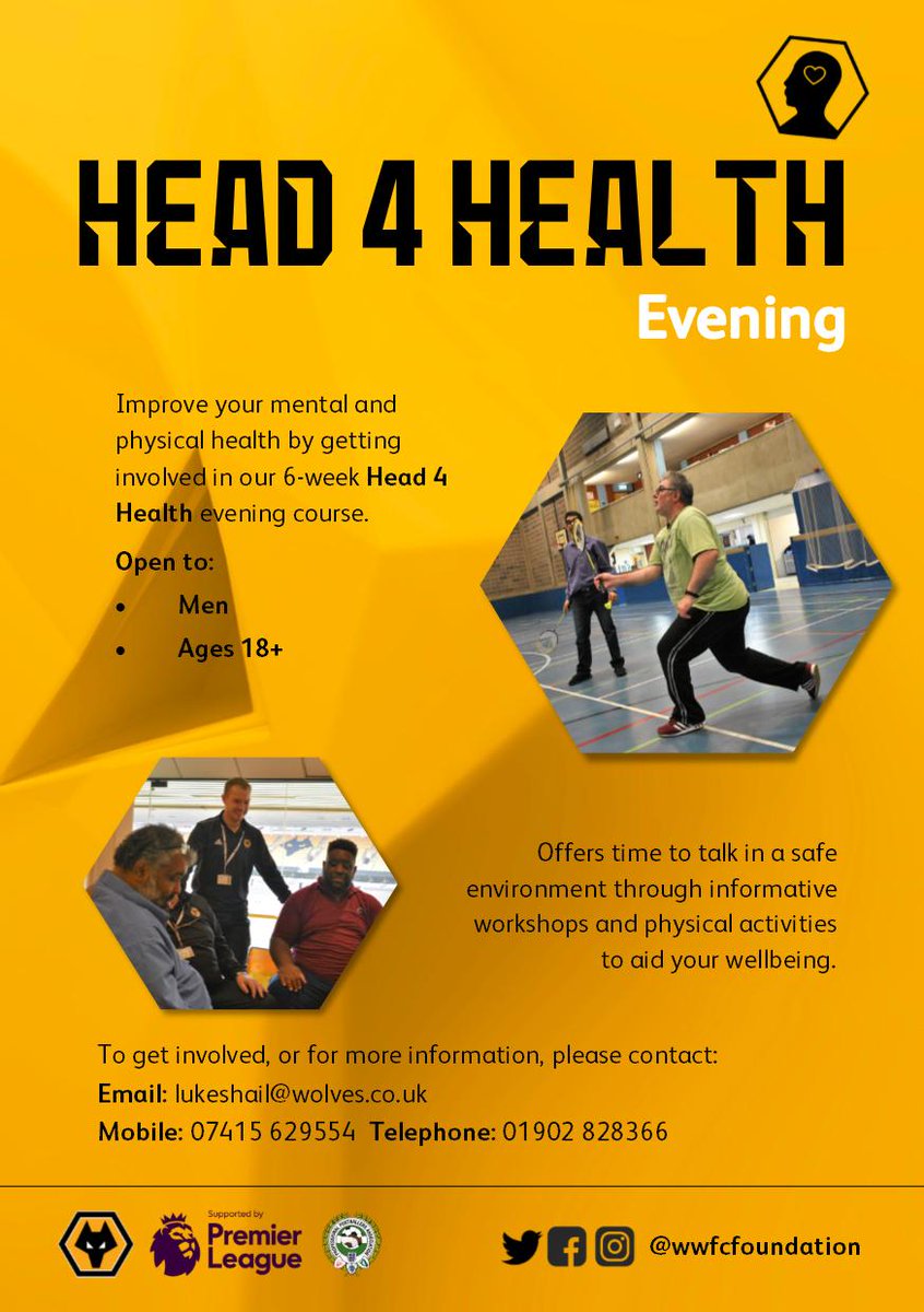 wwfcfoundation's tweet photo. There are only a few spaces left on our new evening #Head4Health course starting in 2 weeks.
If you are feeling low, please get in touch:
๐ง lukeshail@woves.co.uk
๐ 07815 629554
#WolvesWellbeing #ItsOkayToTalk #ItsOkayToNotBeOkay @Wolves @WolvesCouncil https://t.co/Tj4fni7rhA