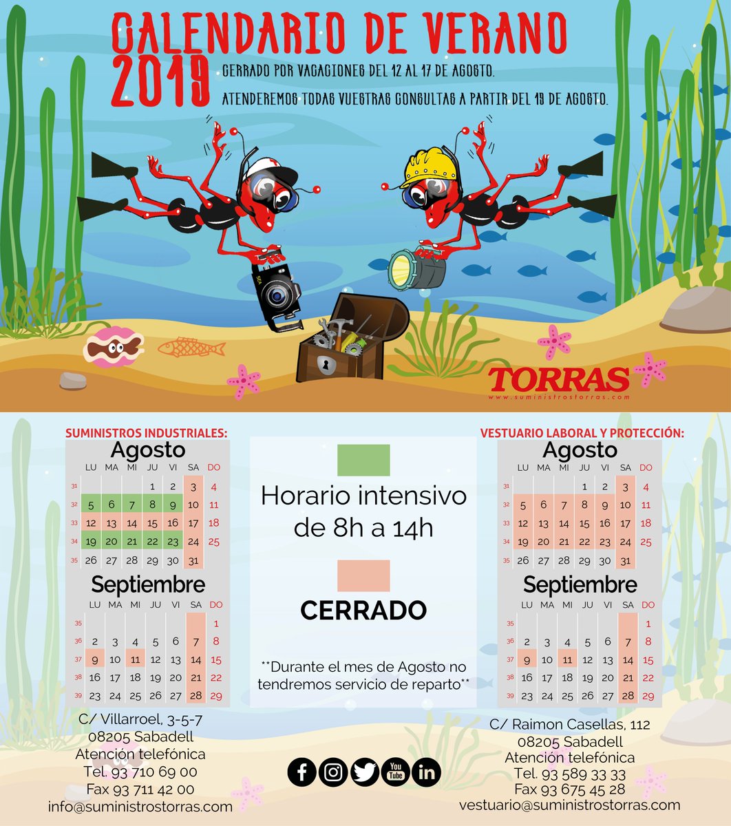 TORRAS_sum's tweet photo. 📅 Este es nuestro horario para esta temporada de verano.
📝 Solo cerramos la semana del 12 al 16 de Agosto.
🐜🎒 Aunque nosotros seguimos trabajando, nuestra mascota ya está de vacaciones y mantiene el mismo objetivo que el año pasado:
🌍¡SEGUIR DANDO LA VUELTA AL MUNDO! https://t.co/aQBMiPxFDS