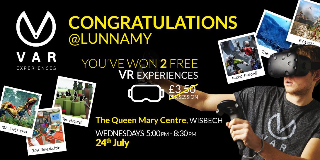 VAR_CLUB's tweet photo. Congratulations to @LunnAmy for winning our competition, we'll see you tonight at the @QMC_Wisbech between 5pm and 8.30pm !! 🍾🍾😁😁🥳🥳

#VAR_Club #VR #VirtualReality #VirtualRealityGames #Winner #Gamer #VRExperiences #Win #Wisbech #ThingstodoinWisbech https://t.co/yOPYgaF80E