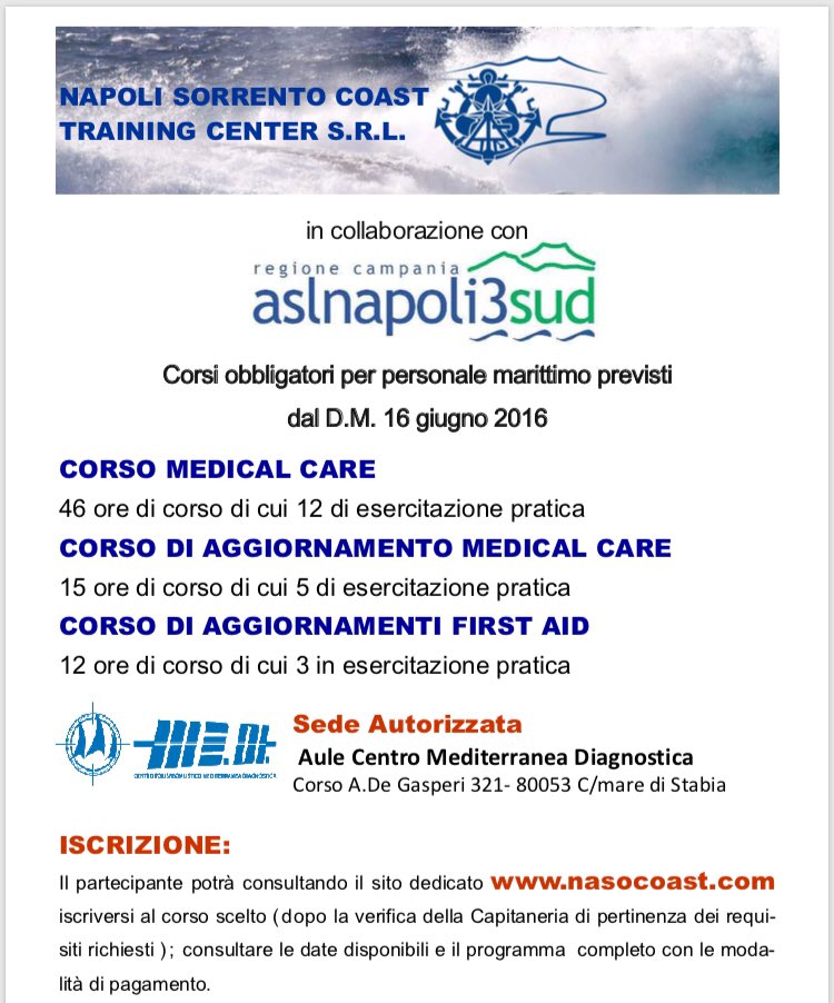 MgrFormazione's tweet photo. https://t.co/ZSNkV9Jzcw  
Iscrizioni per corsi naviganti #Medicalcare #firstaid  #settembre2019 https://t.co/HpXPJUwjPx