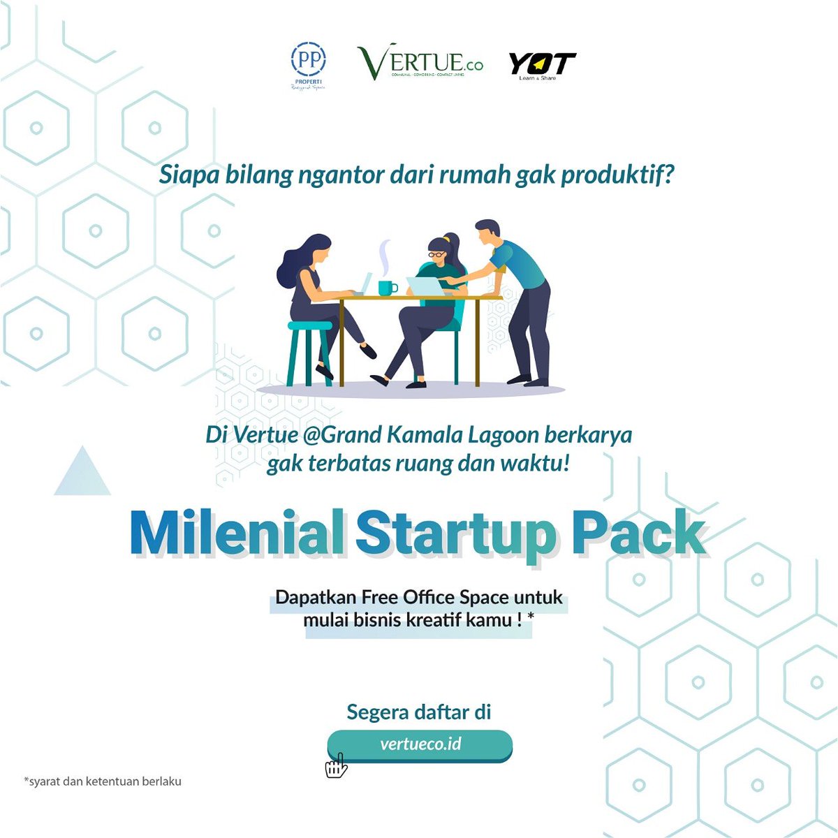 YoungOnTop's tweet photo. Pengen bisa kerja dari rumah & punya lingkungan nyaman dengan fasilitas yang bikin kreatifitas muncul terus? Vertue @GKL_official punya solusinya! Kuy buruan daftar Milenial Stratup Pack. Registrasi disini ya: https://t.co/lUJMXzAiyR
@ppproperti
#milenialstartuppack #PPProperti https://t.co/UKJ8kGZXVv