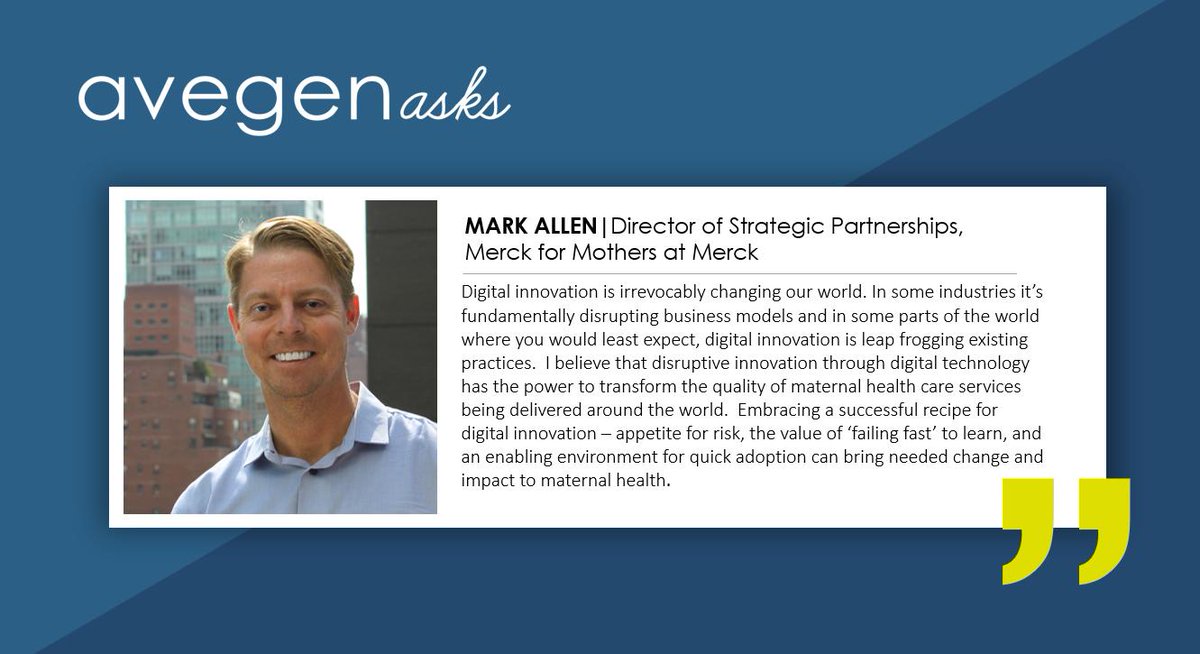 avegenhealth's tweet photo. #AvegenAsks: We reach out to healthcare experts with one question and are excited to share their replies.
We asked Mark Allen, Director of Strategic Partnerships @MerckforMothers at @Merck: How can technology impact healthcare?
@TogetherForHer
#maternalhealth #digitalhealth https://t.co/rFjeuHodZ3