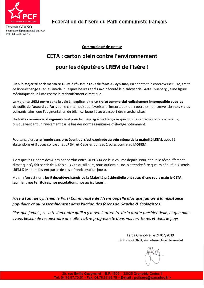 pcfisere's tweet photo. 📃 Vote du CETA à l'Assemblée nationale : carton plein contre l'environnement pour les député•e•s LREM de l'Isère !

🌱 Rien à attendre du cynisme de la droite présidentielle, rassemblons-nous à Gauche pour porter une véritable alternative sociale &amp; écologique ! https://t.co/rO82IlLPCr