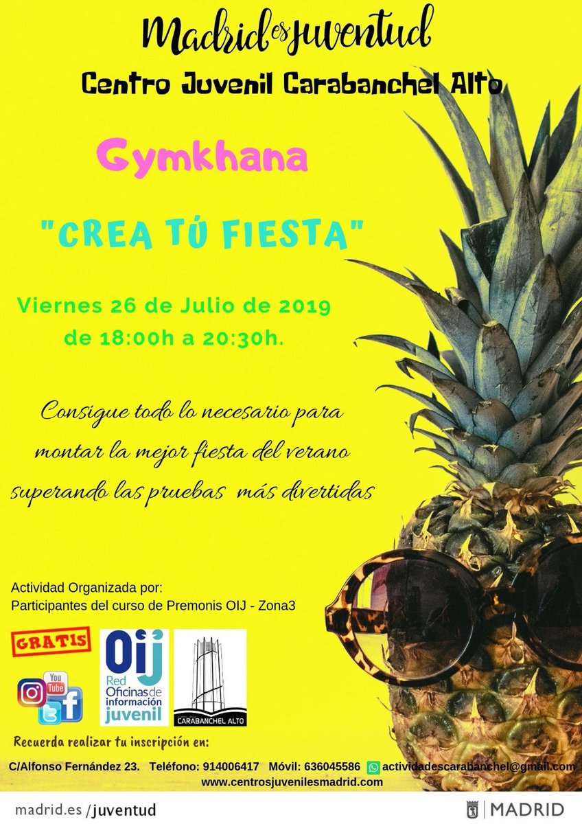 MadridJuventud's tweet photo. 🔈El viernes 26 no te puedes perder la #gimkhana "crea tu #fiesta🎈🎊" en @cjcarabanchel.Organizada por el curso de #premonitor@s.¡Pasate y celebra el #verano🌞! A partir de 14 años😉
#madridesjuventud #centrosjuvenilesmadrid @oijsmadrid #gratis https://t.co/l2l7JuJzII