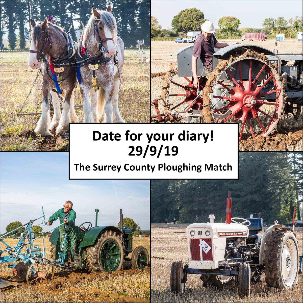 Date for your diary... Sunday 29/9/19. The Surrey County Ploughing Match, Lane End Farm, Lawbrook Lane, Gomshall. 9am start. Conventional &amp; vintage tractors, heavy horses &amp; horticultural ploughing. Free entry for all!