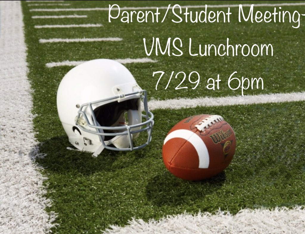 To all upcoming VMS Football players- parent/student meeting at 6pm in the VMS lunchroom. You’ll be introduced to both returning, as well new coaches, assisting with the 2019/2020 season.  Please feel free to share and tag any parent or student that needs to attend. Go Jackets!!