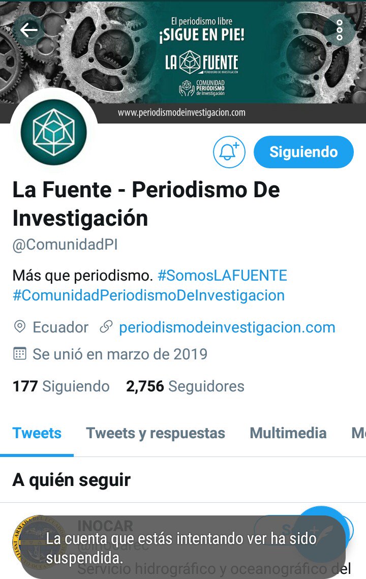 usuariosdigital's tweet photo. #AlertaDigotalEC La cuenta del portal de investigación @ComunidadPI se encuentra suspendida, se desconocen los motivos.

Fuente: https://t.co/TisyGr0Ca4 https://t.co/5H1WstZ0Kv