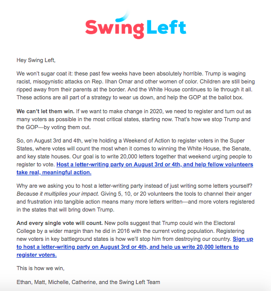 AndrewMakeTweet's tweet photo. Want to win 2020 elections? 

Ready to start activating your loved ones?

Voter registration is a top priority.

Host a letter-writing party on August 3rd or 4th, and help @swingleft write 20,000 letters to register voters. #VoteBlue

Sign up to host: https://t.co/hsONVCmXaJ https://t.co/pgqghYMkF8