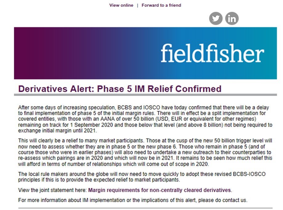 DonaldsonLegalC's tweet photo. Interesting article from our colleagues at @FieldFisher. There has been confirmation that there will be some relief in relation to the Phase 5 Initial Margin rule. Please email us on: info@donaldsonconsulting.co.uk to discuss this further #Phase5 #InitalMargin #BCBS #IOSCO https://t.co/BsY7patN7q