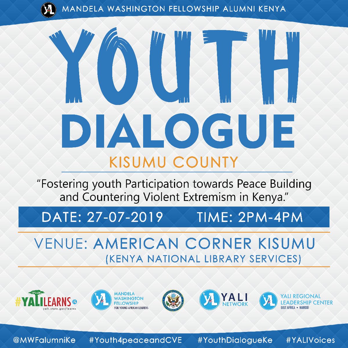 Saturday 27th July at Kisumu Library American Corner we will be having a dialogue on empowering the young people through academic coursework,leadership training and networking.Ya'll welcome❤
@MWFalumniKE 
#Youth4peaceandCVE 
#YouthDialogueKe 
#YALIVoices 
@AmazingKisumu 
@Kisumu