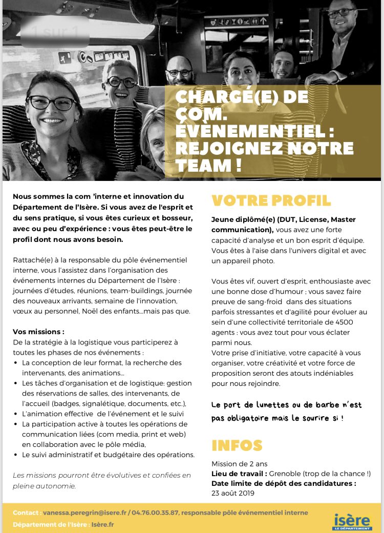 [offre d’emploi] Qui veut travailler avec nous ? Chargé(e) de com. événementiel interne, mission de 2 ans. N'hésitez pas à partager largement  👇#communication #emploicommunication