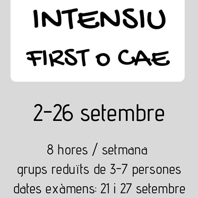 id_tarradellas's tweet photo. Primer intensiu del curs 2019/2020. T'ajudem a preparar-te pels exàmens oficials.
Demaneu més informació!
.
.
.
.
.
#academiaidiomes #academiaidiomesbarcelona #barcelona #intensius #setembre #examensoficials #fce #cae #first #advanced #cambridge @cambrid… https://t.co/fsglZdax2V https://t.co/eclFu8qYuL