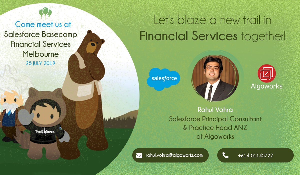 algoworks's tweet image. Are you ready to blaze a new trail in #FinancialServices? If yes, then let&apos;s do it together. Rahul Vohra, Salesforce Principal Consultant at @algoworks Algoworks, will be attending #FinancialServices Basecamp on 25th July in Melbourne! 
#salesforceevent #techevent #salesforce