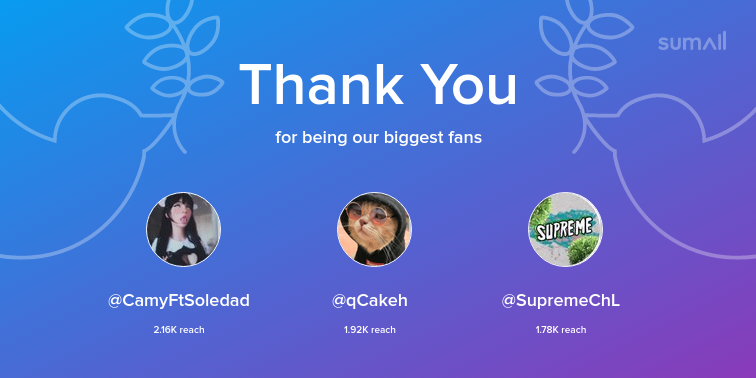 zValenSpace's tweet photo. Our biggest fans this week: CamyFtSoledad, qCakeh, SupremeChL. Thank you! via https://t.co/bqnY2AoPc4 https://t.co/iBUx1BTAnp