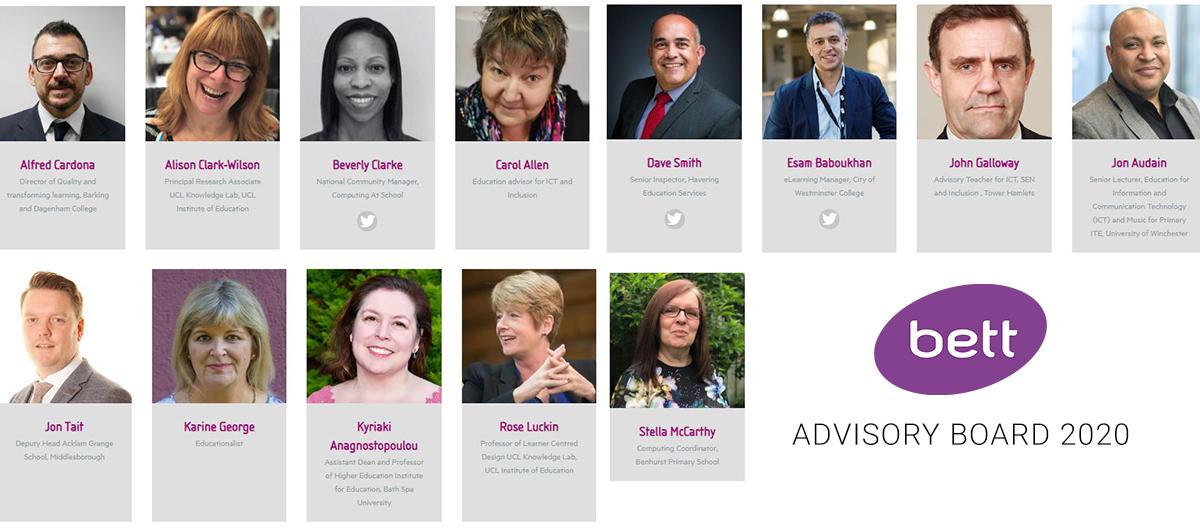 Bett_show's tweet photo. We are delighted to announce the members of the #Bett2020 Advisory Group @AliClarkWilson @Knowldgillusion @jonaudain @karinegeorge @soslearning @MsBClarke @davesmithict @TeamTait @KyriakiAnagno @Stella2McCarthy @caroljallen @perform_develop & John Galloway https://t.co/bYowpu4Qsa https://t.co/5AKcQHiPEM