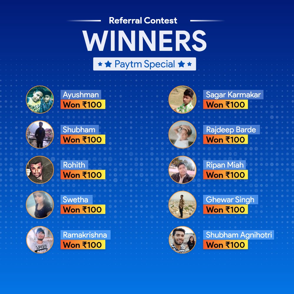 QurekaProApp's tweet photo. Congrats to the winners of "Paytm Special Referral Contest" held on 23rd July

If you also want to WIN upto ₹3000 Paytm Cash Everyday, then Invite your friends on Qureka Pro to Play Games &amp; WIN. 

#PaytmContest #ReferAndWin #PaytmCash #SpecialContest #QurekaPro #PlayGamesWinCash https://t.co/uAbw5WFJLj