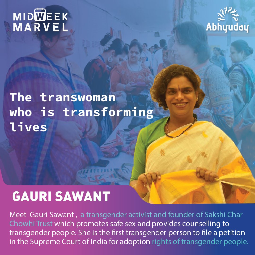 Abhyuday_IITB's tweet photo. In this edition of Midweek Marvel, we introduce you Gauri Sawant, a #transgenderactivist who promotes #safesex and provides counselling to #transgender. She filed a petition in the #SupremeCourt of India for adoption rights of transgender people.
#AajichaGhar #midweekmarvel https://t.co/oA40IT3slF
