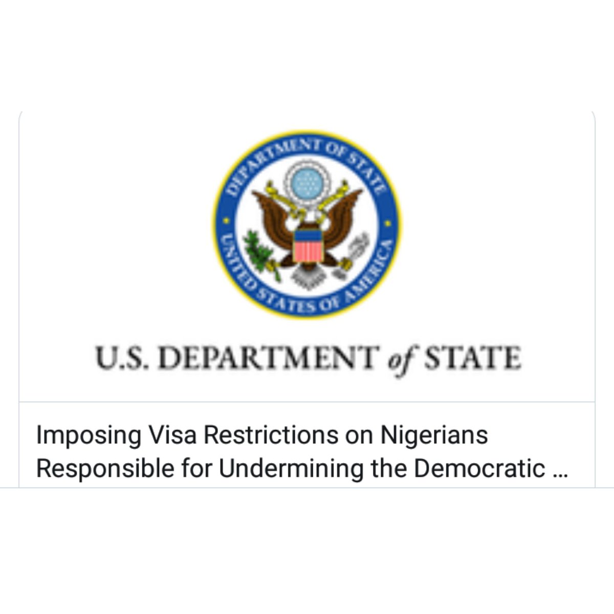 mpdinitiative's tweet photo. US are set to restrict Visa on
"Nigerian believed to be responsible for, or complicit in, undermining democracy in Nigeria"
US Department of States
What are your thoughts?
#MHNGInteract
#MHNG #mediahangoutng #Nigeria #Nigerians #corruption #US https://t.co/D468sco69H