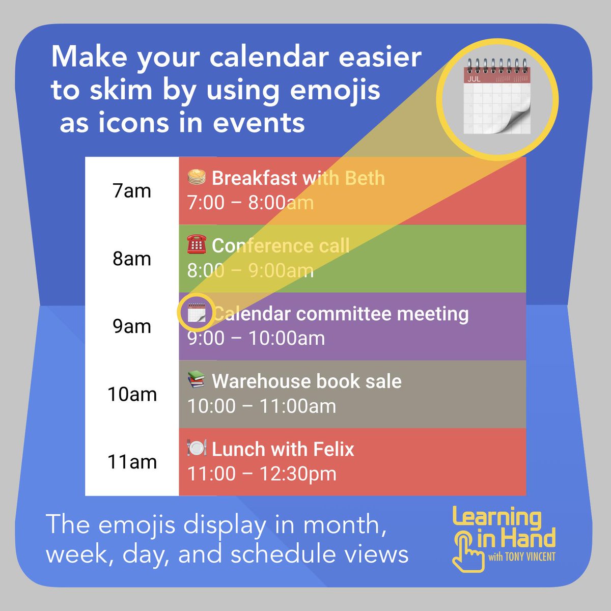 tonyvincent's tweet photo. ๐ How about adding visual cues to your digital calendar with emojis? Since emojis can be entered anywhere you can enter text, you can add emojis to calendar events! #CFISDDLC https://t.co/s1j48Sj8lC