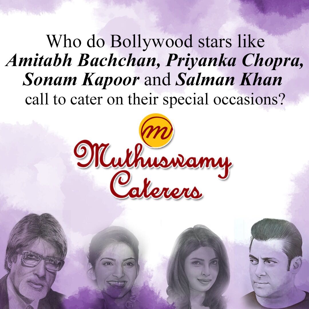 Rishtey mein toh hum tumhare caterer lagte hain, naam hai Muthuswamy!
Some of the biggest names in Bollywood trust us with their catering needs.
Call us at 9892096666.
#muthuswamycaterers #cateringservices #cateringindia #bollywood