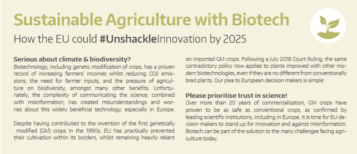 ✅Compartimos el manifiesto de <a href="/EuropaBio/">EuropaBio</a> por una agricultura sostenible a través de la #biotecnología.  Si nos preocupa el cambio climático, la biodiversidad y la sostenibilidad, tenemos que confiar en la #ciencia ➡️ bit.ly/2Y1Yc0d #CienciaenelParlamento #InnovaAsebio