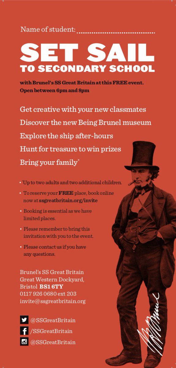 📣New Year 7 students and families - Join new friends <a href="/SSGreatBritain/">Brunel's SS Great Britain</a> on Wednesday 28th August for an evening of fun with new classmates.⛵️#Transition