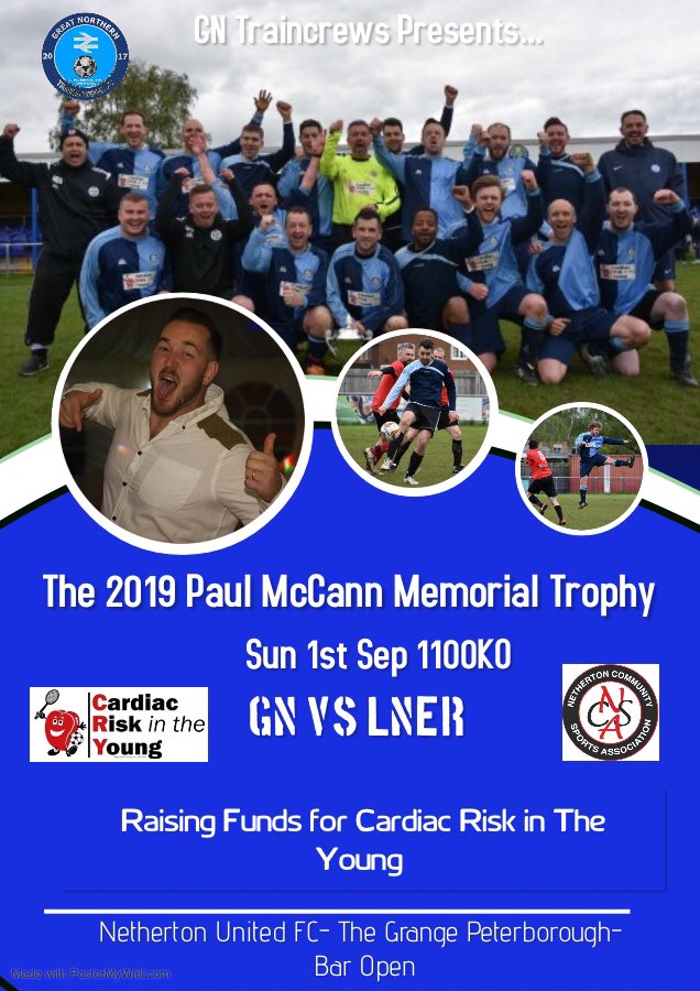 GNtraincrewsFC's tweet photo. Fixture timing change for the 2019 Paul McCann Memorial Trophy now at 11am on the 1st September at @NethertonSports - #TeamGN vs #TeamLNER raising funds for @CRY_UK in memory for Paul McCann https://t.co/ChQ5ALWj8L
