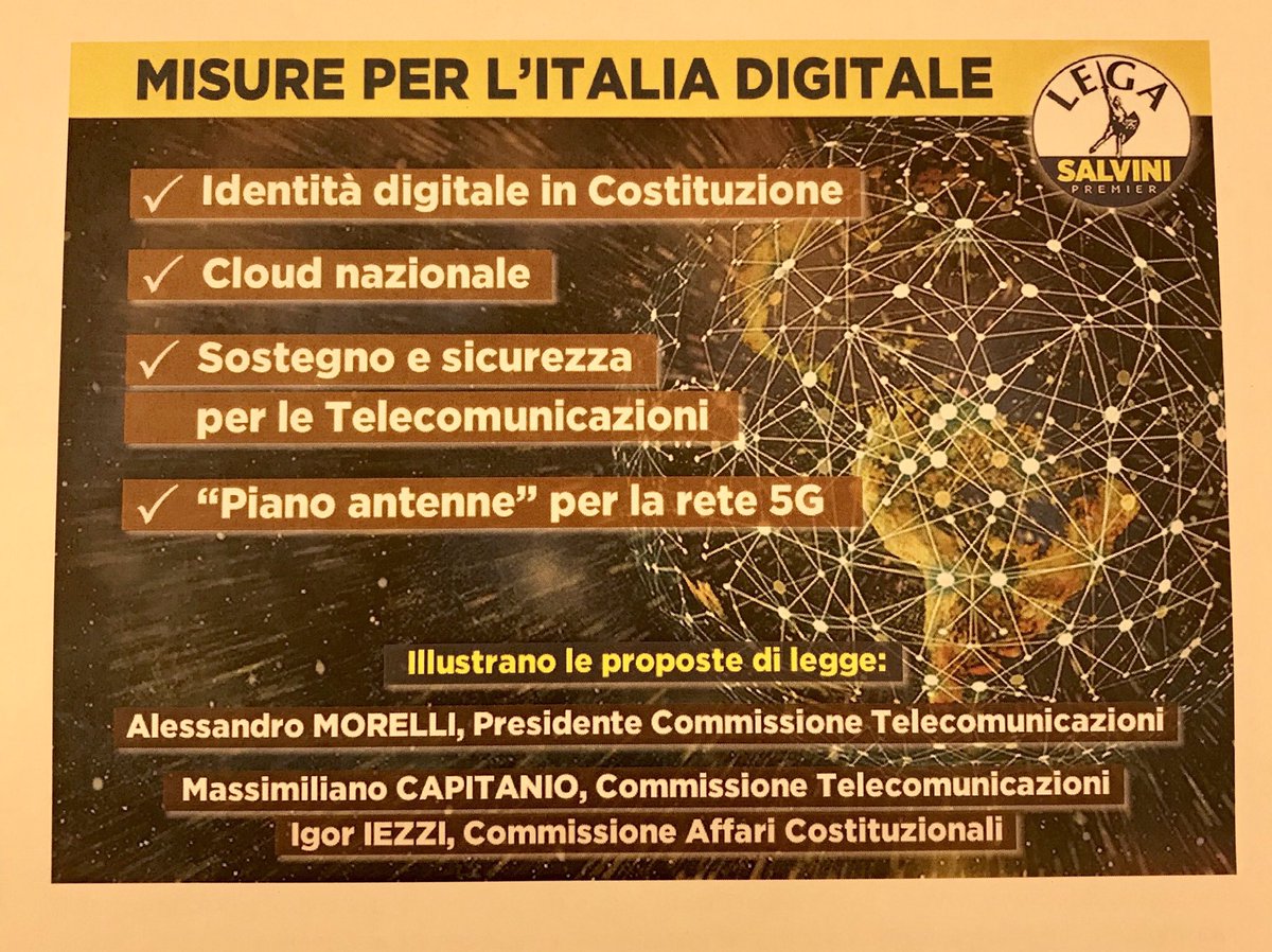 Key4biz's tweet photo. Conferenza stampa - Camera dei Deputati. Alessandro Morelli, Massimiliano Capitanio e Igor Iezzi presentano 4 misure della Lega per l’Italia Digitale. 1) #Spid in Costituzione. 2) #Cloud nazionale per i dati della #Pa. 3)Sostegno e sicurezza per le #Tlc 4) Piano antenne per #5G https://t.co/QL7dH67LLg
