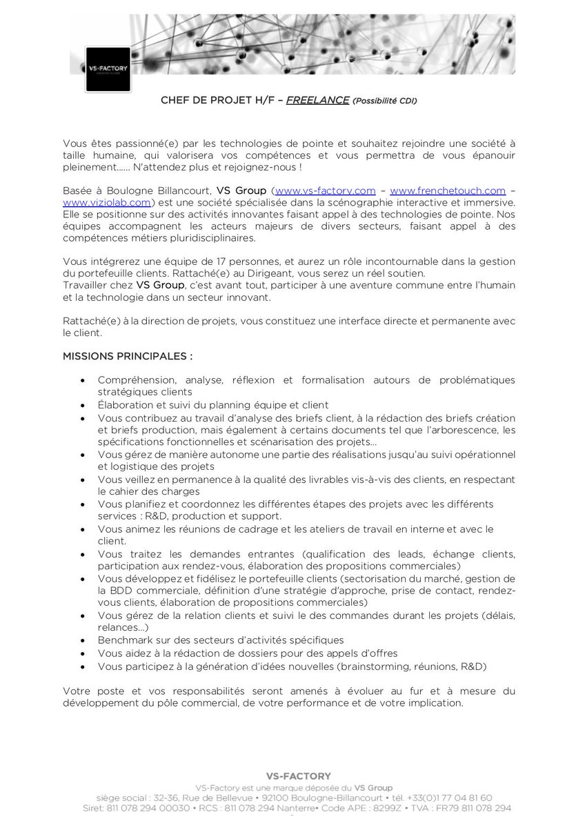 vsfactory1's tweet photo. Envie de nouveaux #chalenges ?
Rejoignez notre équipe en tant que "CHEF DE PROJET H/F – #FREELANCE"(Possibilité  #CDI) !👀⬇
@MartinDORAI #chefdeprojet #jobs #emplois #innovation #immersion #immersive #interactivité #interactive #digital #creative #technology #technews #vsfactory https://t.co/NEpL6keMVN
