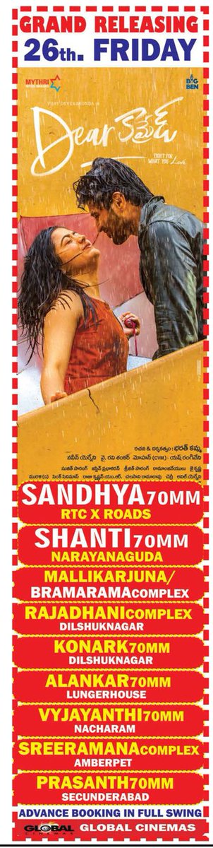 QingOfDHill's tweet photo. #GeethaGovindam released in 153 theaters across Nizam before the theatres increased after HIT talk
#DearComrade is releasing in 226+ theatres (Hyd 86, Dist 140) on day 1๐ฅ๐ฅ๐ฅ
Number Set to increase ๐
#DearComradePreRelease #LiveLikeAComrade #DearComradeOnJuly26th https://t.co/aAemdtIYAn