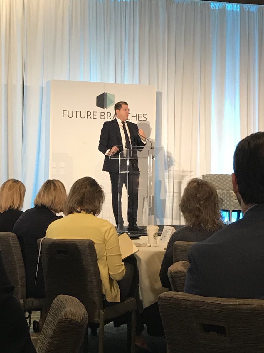 Chad_J_Davis's tweet photo. Head of Innovation at HSBC kicking off day two at Future Branches Boston - says 75% of branch interactions are generic/binary. Where’s the ATM, teller line, etc.? In steps Pepper the greeter/robot to solve the challenge! #BranchBanking #Gamification #Robotics https://t.co/zyAiJQir6a
