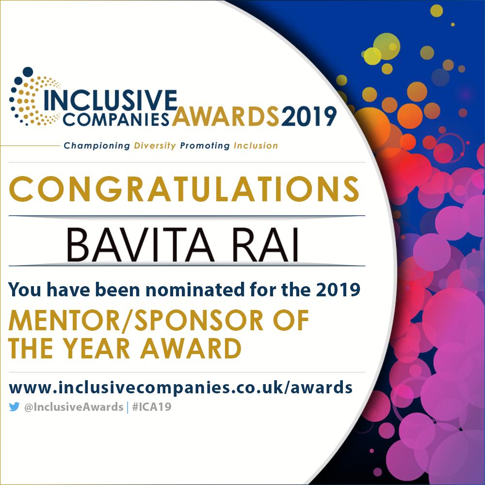 InclusiveAwards's tweet photo. Congratulations to @Bavitarai ! You have been nominated for the Mentor/Sponsor of the Year Award at the 2019 Inclusive Companies Awards! 

To vote for Bavita, please click here! - https://t.co/Ic0dbrwPiZ #Mentor #Sponsor #Award #NDA19 https://t.co/l7jGT3Z4A1