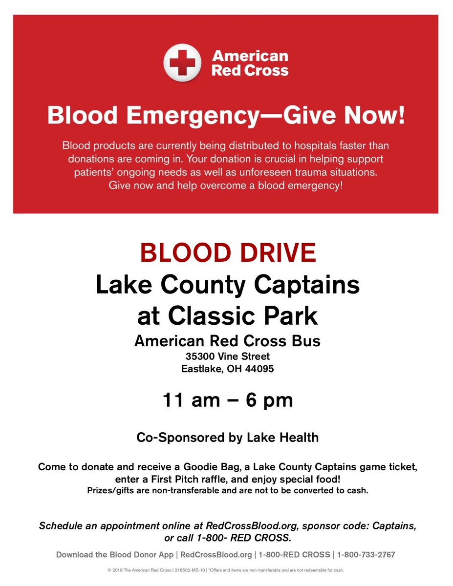 LCCaptains's tweet image. Help #RedCross fill the #MissingTypes! #Giveblood with the us TODAY at Classic Park in @eastlakeOH from 11a-6p. 

Come to give and get a free game ticket, goody bag &amp;amp; enjoy special refreshments 
Appts: rcblood.org/2S74fuu code: Captains