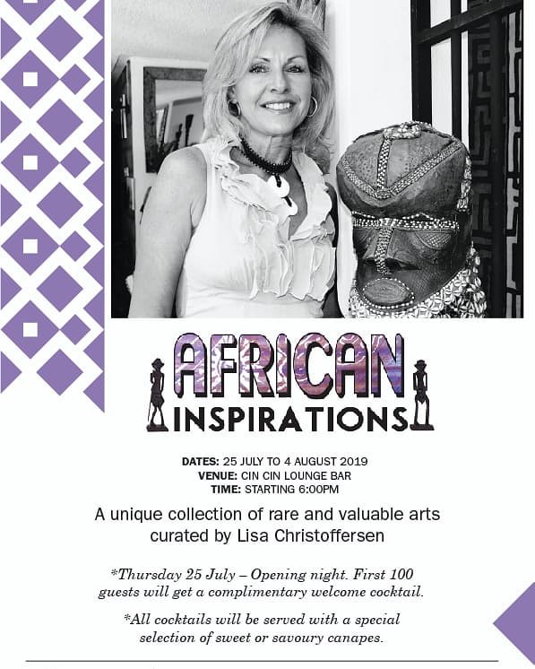 Tomorrow 25th to 4th August at the #CinCinLounge. #Norfolk enjoy the #africaninspiration @Sambojagranton. Rare, Valuable Arts Expo. #collectables @Lisachristoffe7 @BirgenLotter #goldfishpr #valetparking #nairobi #buzz #events #canapes.