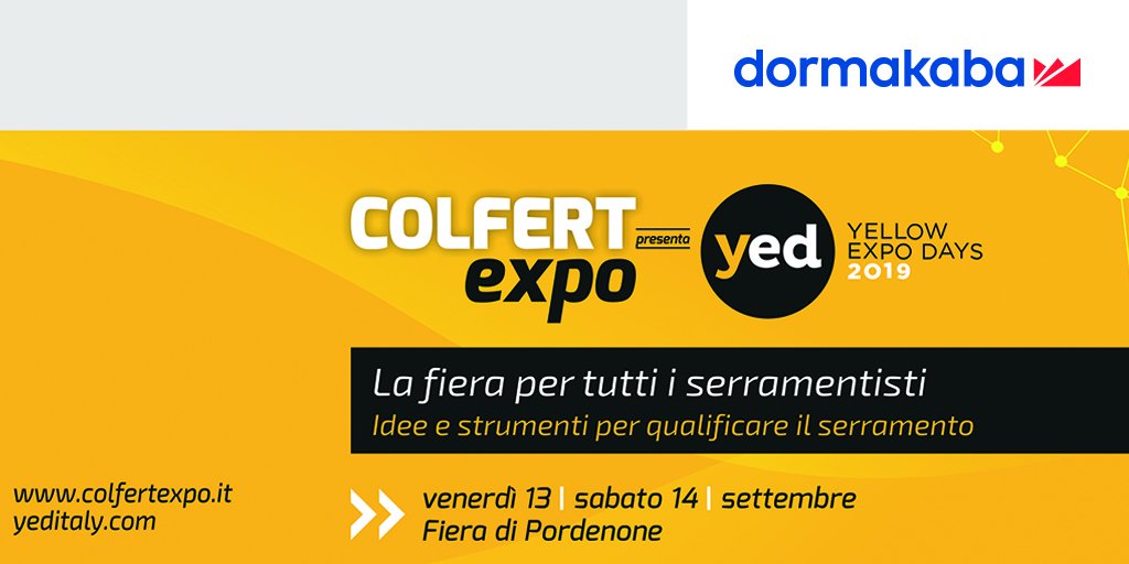dormakaba_it's tweet photo. Il 13 e 14 settembre vi aspettiamo alla Fiera di Pordenone per la nuova edizione del #ColfertExpo/#YEDitaly la manifestazione biennale promossa da @colfertspa. Per maggiori informazioni: https://t.co/IWmsLV5hXH #eventi #dormakabaitalia https://t.co/jcAihKeglI