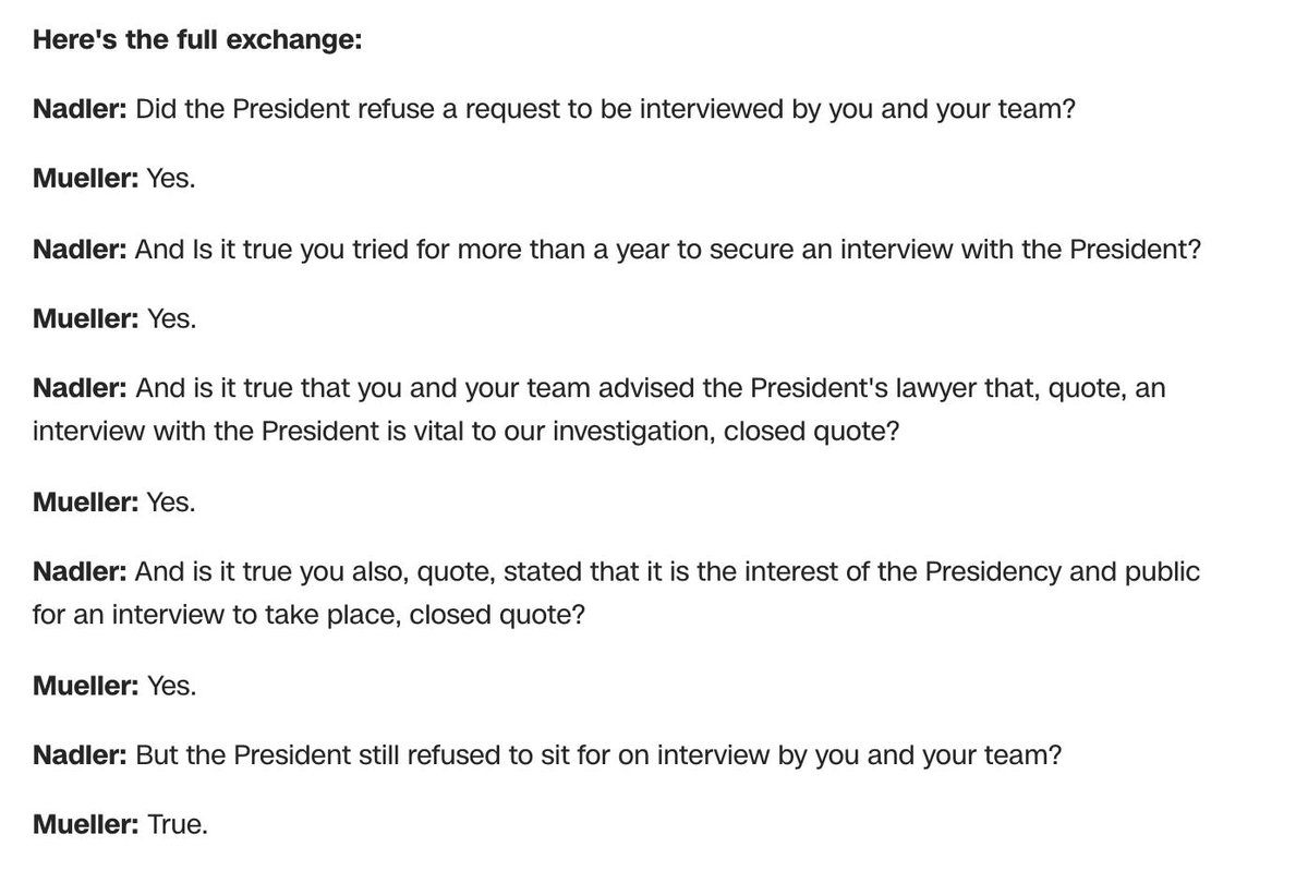 CNN's tweet image. Former special counsel Robert Mueller testifies that President Trump refused to sit for an interview, despite his team's multiple attempts to secure the interview. #MuellerHearings
Follow live updates: cnn.it/2YfoTK0