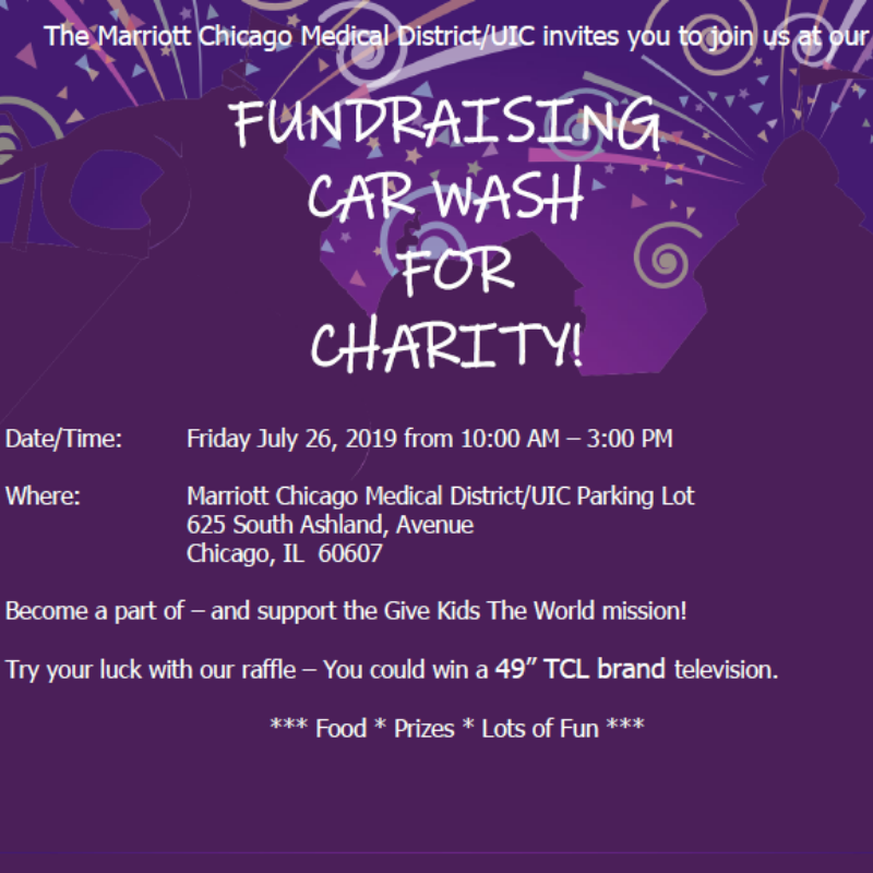 MarriottMdUIC's tweet photo. Join us this Friday, 7/26 for our Fundraising Car Wash for Charity! Visit us from 10am-3pm to be part of - and support the Give Kids The World mission! There will be a raffle, food, prizes and lots of fun waiting for you! https://t.co/vQBJUmfSn9
