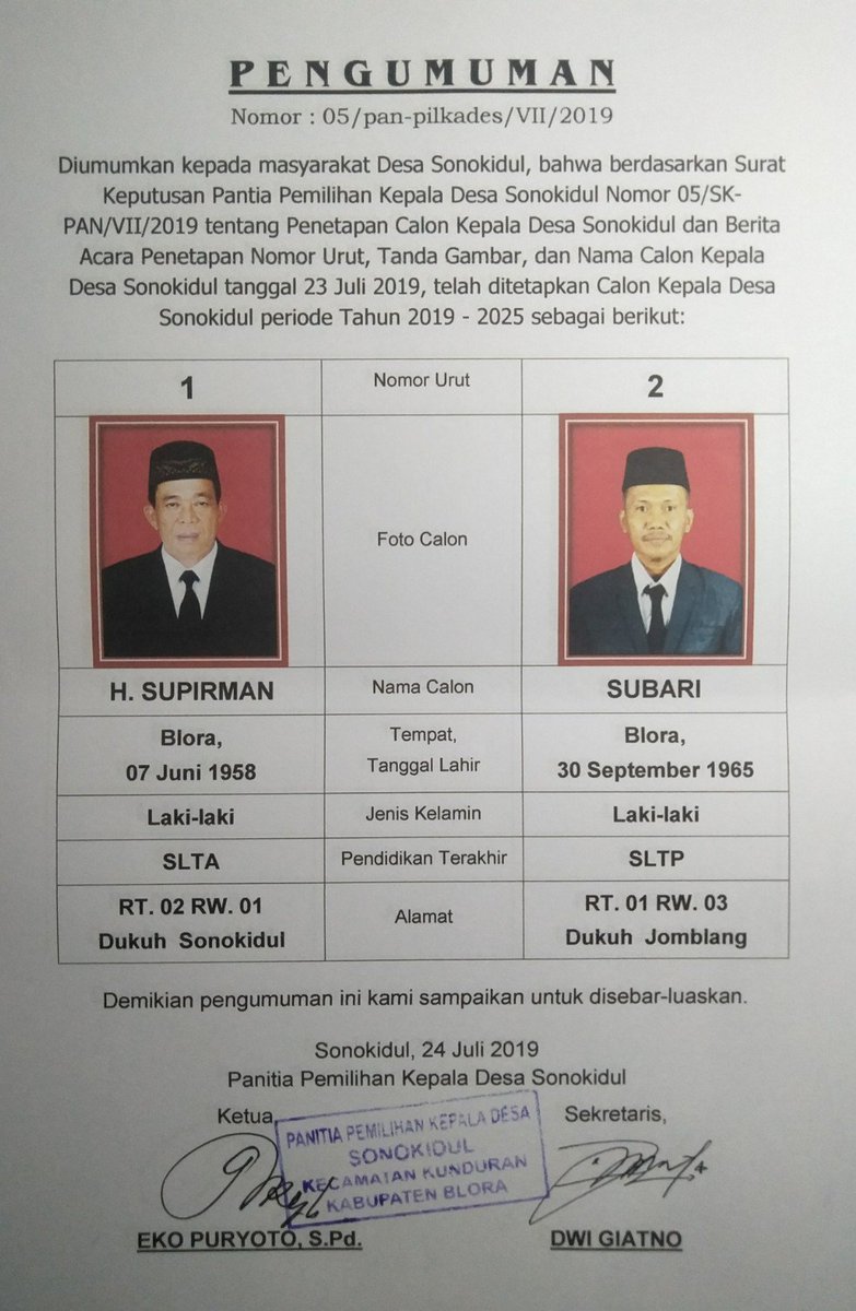 sonokidul's tweet photo. Telah ditetapkan, ini Calon Kepala Desa Sonokidul periode Tahun 2019 - 2025 https://t.co/4JnMb1zMHQ