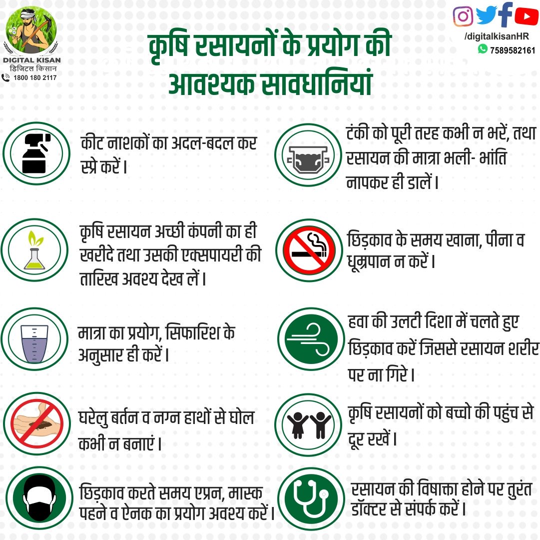 Agriculturehry's tweet photo. किसान भाई खेतों में रासायनों का प्रयोग करते समय यह सावधानियां अवश्य बरतें।
.
.
.
.
.
.
.
#DigitalKisanHaryana #kisan #farmers #chemicals #precautions #pesticides #weedicides #safetyfirst #agriculture #agriculturelife https://t.co/ccwLeAkIdd