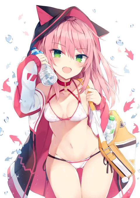 ピンク髪ちゃんのパーカー×水着姿です٩(ˊᗜˋ*)و 