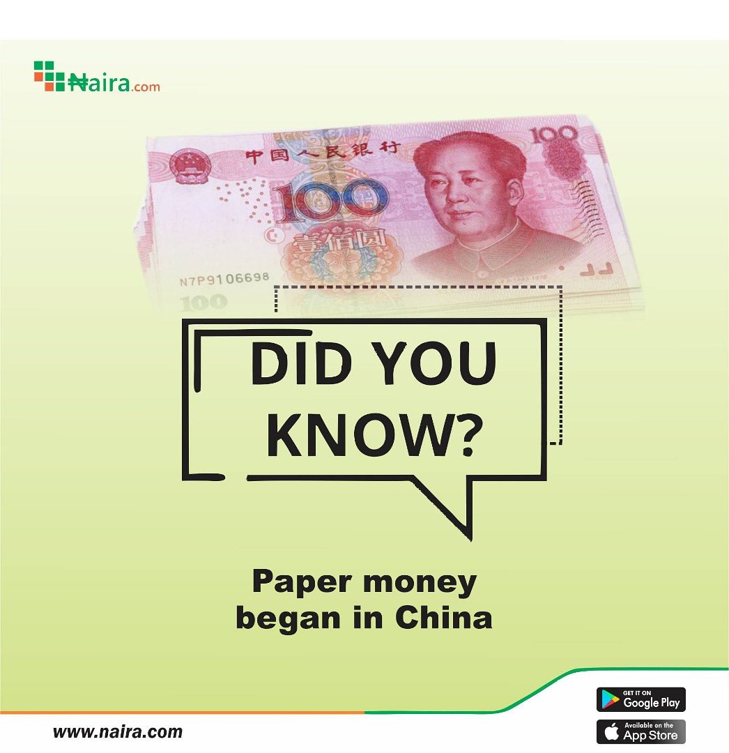 thenairadotcom's tweet photo. Paper bills were first used by the Chinese, who started carrying folding money during the Tang Dynasty A.D. 618-907 mostly in the form of privately issued bills of exchange notes. It took 2 century before it spread to the rest of the world.

#NairaDotCom
#NairaDotComfundwallet https://t.co/GNn39swsS8
