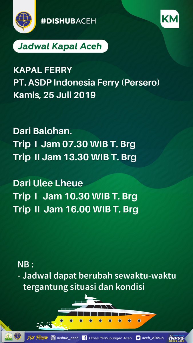 dishub_aceh's tweet photo. Info jadwal kapal yg akan beroperasi Kamis besok (24/7).
Untuk rute #Sinabang - #Calang, KM. Sabuk Nusantara 110 akan berlayar besok pd pukul 15.00 WIB.
Semoga cuaca tetap kondusif 😊🙏
#DishubAceh #JadwalKapal #SabukNusantara110 https://t.co/GC84uNxetu